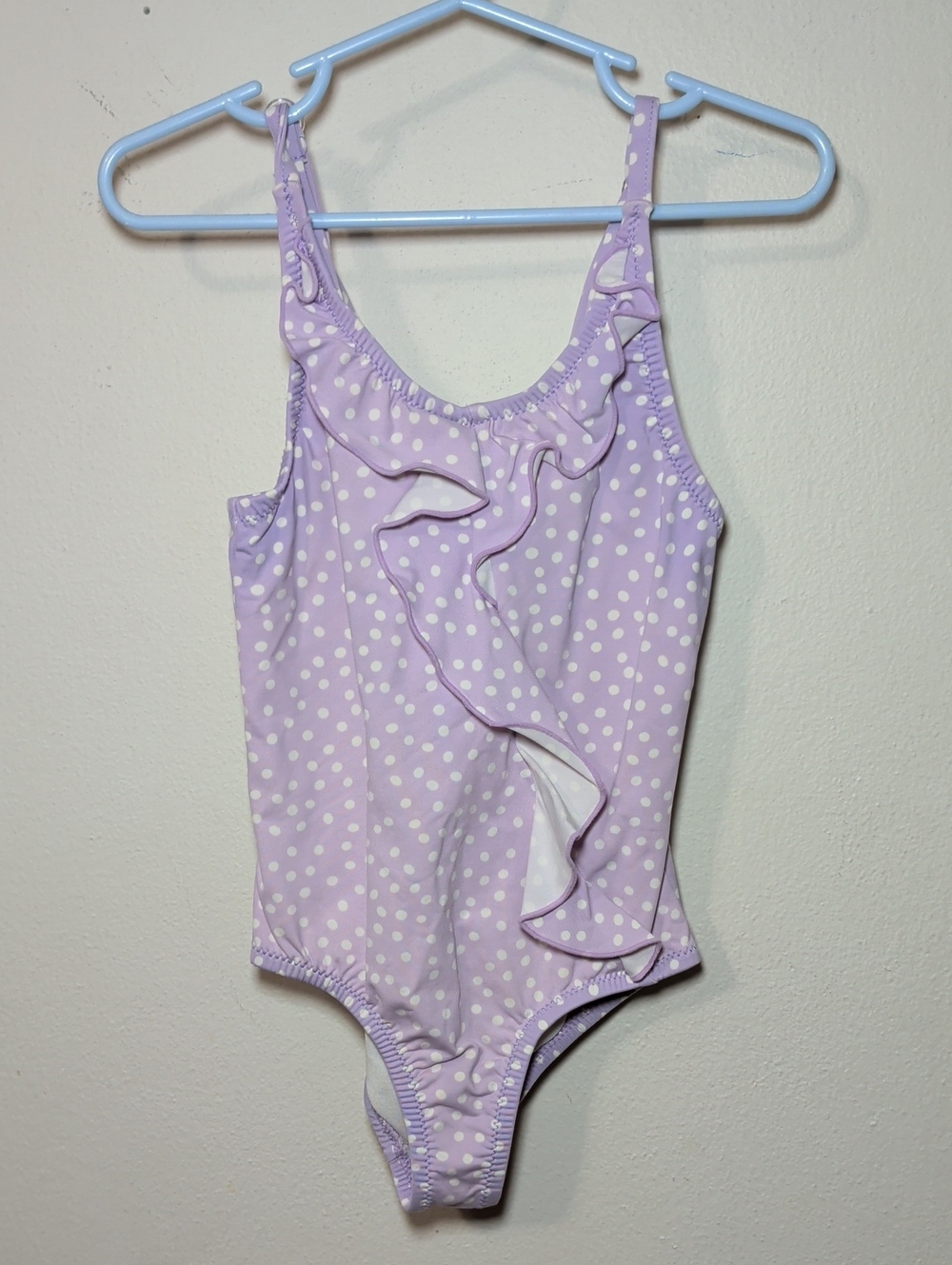 Garnet Hill Polka Dot One-Piece Swimsuit Lilac + White Ruffle Front Girls Size 3